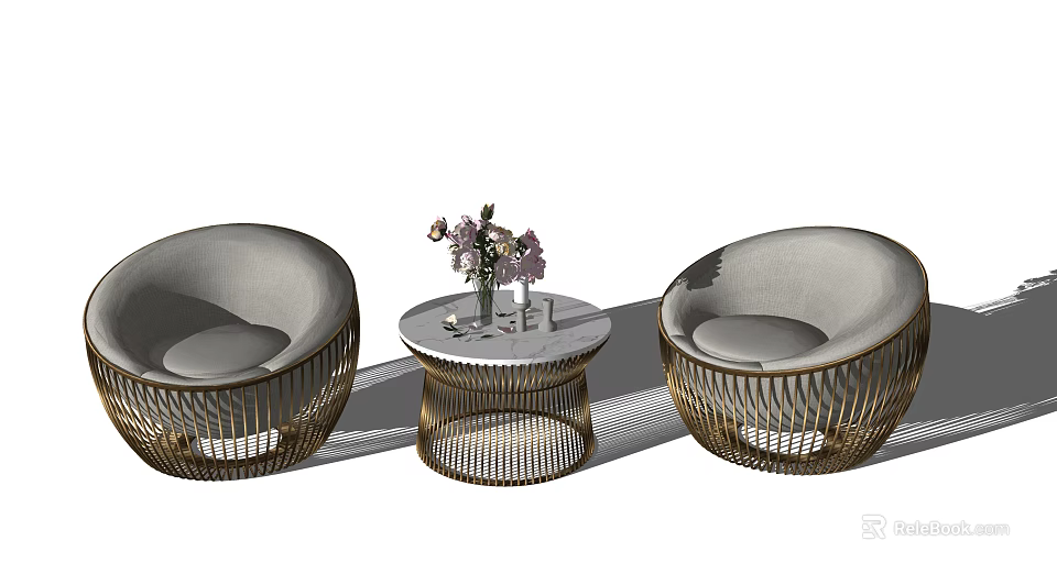 Modern Leisure Sofa Set with Golden Frame Round Coffee Table and Pink Flowers 3d model 