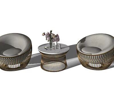 Modern Leisure Sofa Set with Golden Frame Round Coffee Table and Pink Flowers 3d model