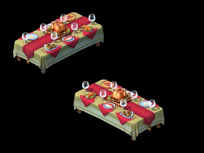 Elegant Dinnerware Set with Plates Wine Glasses and Roasted Chicken on Green Tablecloth for Dining 3d model