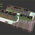 Multi Story Residential Building Model With Yellow Exteriors Dark Roofs And Central Green Area