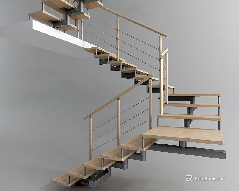 Modern Home Staircase Design With Floating Wooden Steps And Metal Railings 3d model 