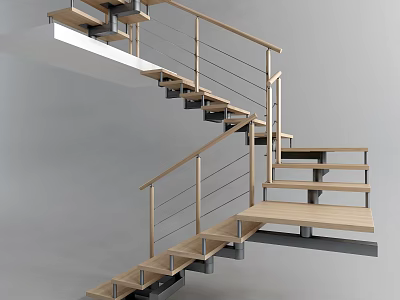 Modern Home Staircase Design With Floating Wooden Steps And Metal Railings 3d model