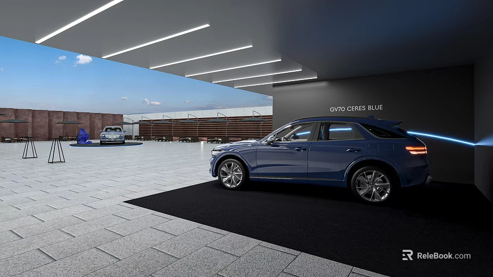 Blue Grand Cherokee L SUV Displayed In Outdoor Parking Area With Building Background 3d model 