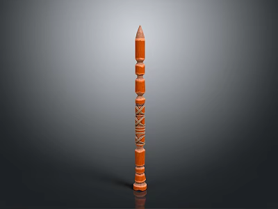 Traditional Orange Wooden Weapon Long Staff With Carved Patterns And Decorative Segments 3d model