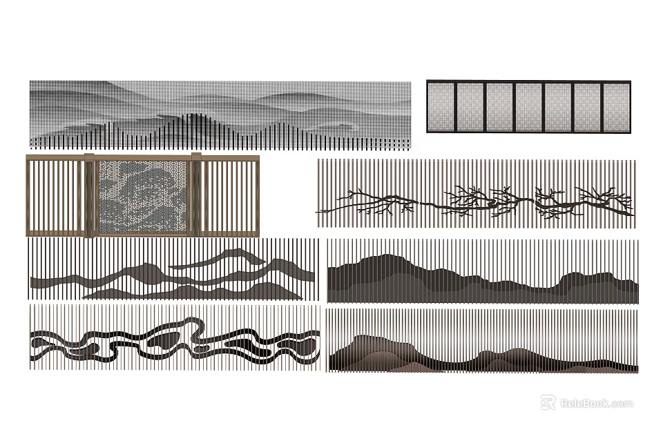 Modern Feature Wall Designs Featuring Mountain Patterns And Striped Wooden Frames 3d model