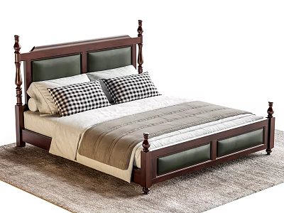 Dark Brown Wooden Double Bed with Green Upholstered Headboard Plaid Pillows and Light Rug 3d model