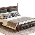 Dark Brown Wooden Double Bed with Green Upholstered Headboard Plaid Pillows and Light Rug