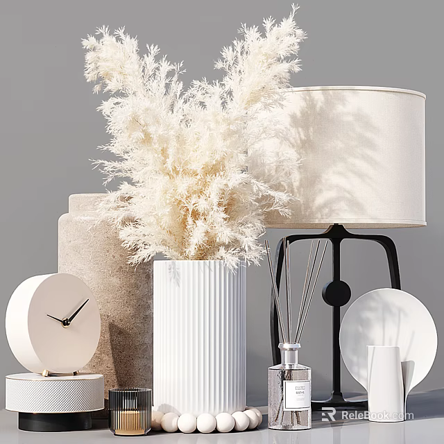 Minimalist Modern Decorative Ornament Set Featuring Pampas Grass White Vase Table Lamp Clock And Diffuser 3d model 