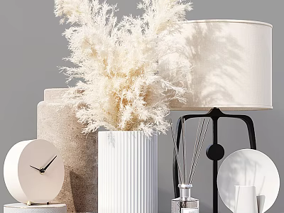 Minimalist Modern Decorative Ornament Set Featuring Pampas Grass White Vase Table Lamp Clock And Diffuser 3d model