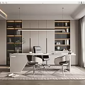 Modern Home Office Interior With White Desk Built In Cabinets Pendant Lights And Large Window