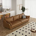 Modern Brown Leather Sofa Coffee Table Set with Checkered Rug and Decorative Items 3d model
