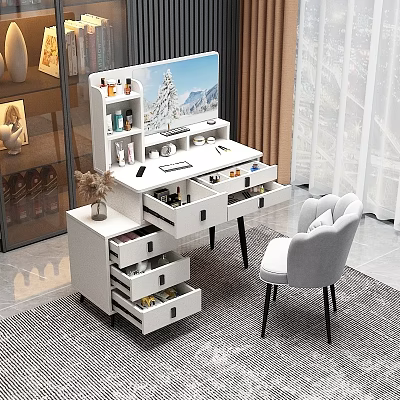 Modern Dressing Table With Multiple Drawers Mirror Cosmetics And Accompanying Chair 3d model