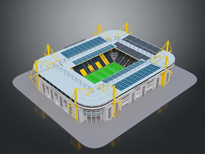 Modern Stadium 3D Model With White Roof Solar Panels Green Pitch And Yellow Supports 3d model
