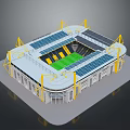 Modern Stadium 3D Model With White Roof Solar Panels Green Pitch And Yellow Supports