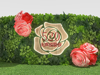 Green Plant Wall Adorned With Pink Red Roses And Wooden 520 Love Sign 3d model