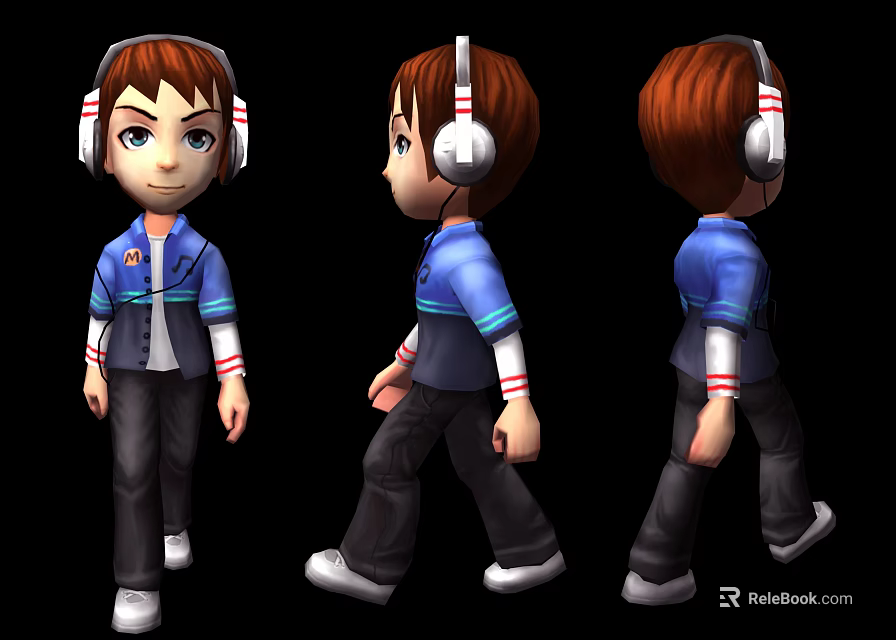 Game Movie Character with Headphones Brown Hair Blue Jacket Striped Sleeves Black Pants White Shoes 3d model 