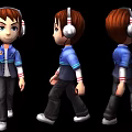 Game Movie Character with Headphones Brown Hair Blue Jacket Striped Sleeves Black Pants White Shoes