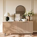 Stylish Wooden Slatted Entryway Console Table With Arch Mirror Lamp And Flower Vase