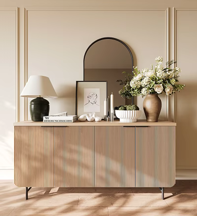 Stylish Wooden Slatted Entryway Console Table With Arch Mirror Lamp And Flower Vase 3d model