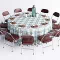 Round Dining Table Set with Checkered Tablecloth and Metal Frame Red Seat Chairs 3d model