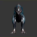 3D Rendered Feathered Dinosaur Model With Blue Pink Color And Sharp Teeth Standing Pose