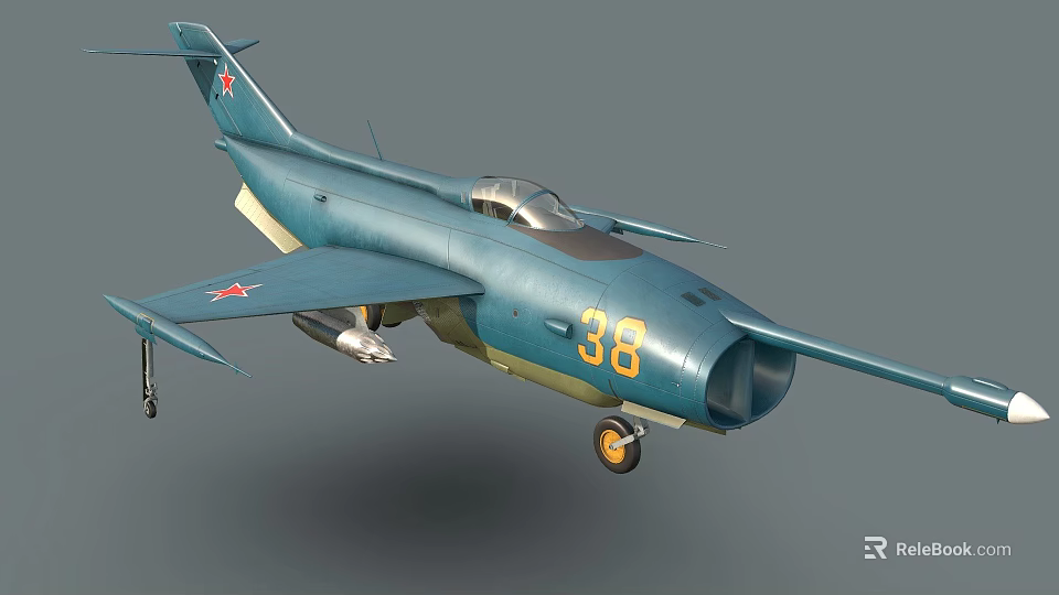 Blue Fighter Jet with Number 38 on Fuselage and Red Star on Wings 3d model 