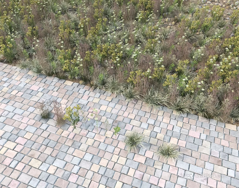 Colorful Brick Pathway Alongside Various Green Yellow White Flower Blooms in Garden Corner 3d model 