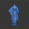 Traditional Japanese Kimono With Colorful Floral Pattern And Green Obi On Wooden Mannequin