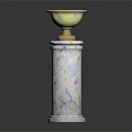 White Textured Marble Pedestal Featuring Golden Bowl Top For Decorative