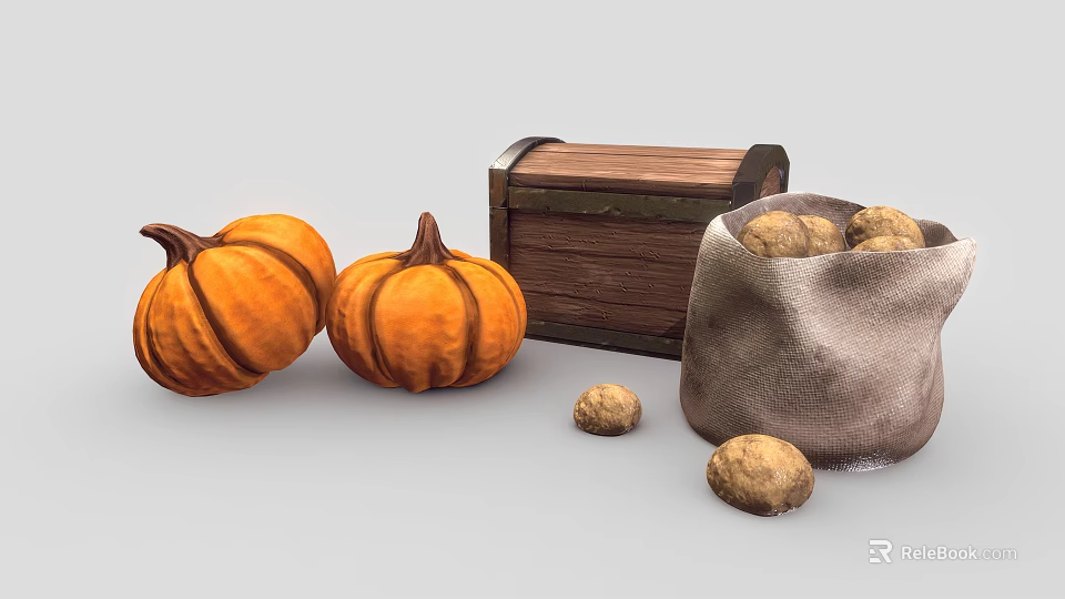 Fresh Garden Vegetables Pumpkins and Potatoes in Wooden Chest and Burlap Sack 3d model 