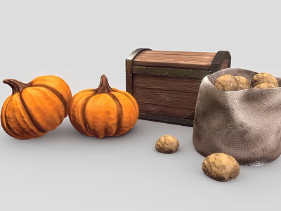 Fresh Garden Vegetables Pumpkins and Potatoes in Wooden Chest and Burlap Sack 3d model