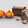 Fresh Garden Vegetables Pumpkins and Potatoes in Wooden Chest and Burlap Sack