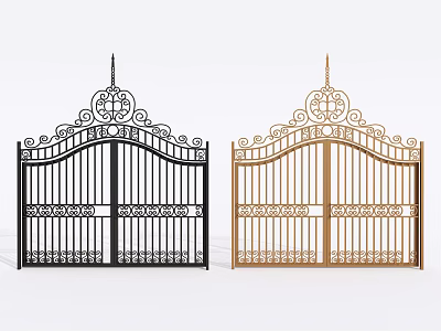 Black and Gold Decorative Wrought Iron Gates With Ornate Curved Details And Spiked Tops 3d model