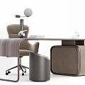 Modern Office Desk Setup With Ergonomic Chair Table Lamp And Decorative Stool