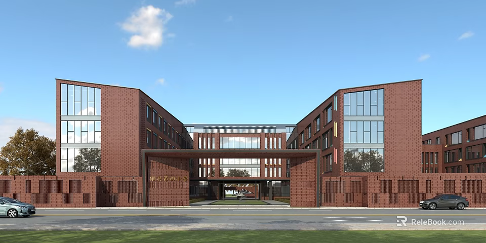 Modern School Building With Red Brick Exterior Large Glass Windows Symmetrical Entrance And Green Lawn 3d model 