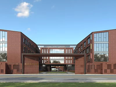 Modern School Building With Red Brick Exterior Large Glass Windows Symmetrical Entrance And Green Lawn 3d model
