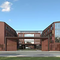 Modern School Building With Red Brick Exterior Large Glass Windows Symmetrical Entrance And Green Lawn