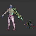 Bald Shirtless Cyborg Character With Mechanical Arm White Pants And Helmet