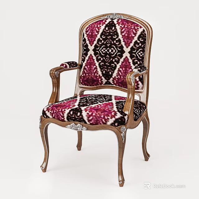 Elegant Classical Armchair With Pink Black Diamond Pattern Upholstery And Wooden Carved Armrests 3d model 