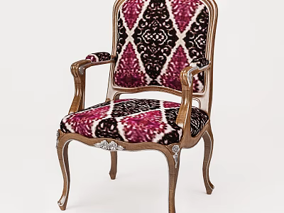 Elegant Classical Armchair With Pink Black Diamond Pattern Upholstery And Wooden Carved Armrests 3d model