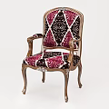 Elegant Classical Armchair With Pink Black Diamond Pattern Upholstery And Wooden Carved Armrests