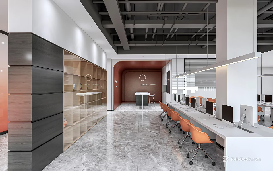 Public Office Space With Modern Design Long Work Desks Orange Chairs Computers And Display Cabinets 3d model