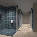 Shower Room Interior Featuring Orange Tiled Walls Multiple Cubicles And Towel Holders