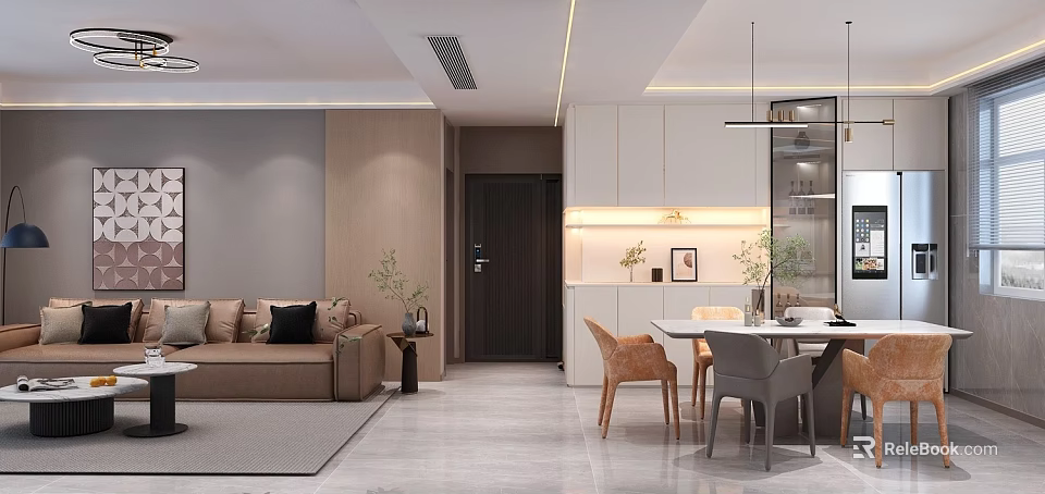 Modern Warm Tone Open Plan Living And Dining Room Interior Design With Cozy Furnishings 3d model 