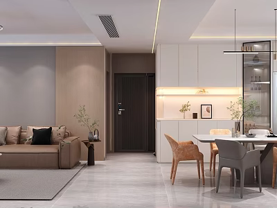 Modern Warm Tone Open Plan Living And Dining Room Interior Design With Cozy Furnishings 3d model