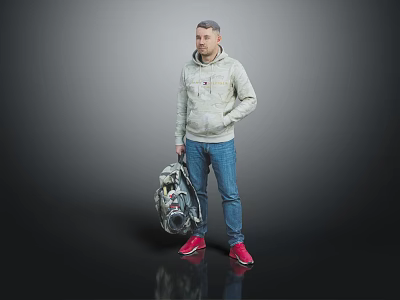 Man in Gray Hoodie Blue Jeans Red Shoes Holding Patterned Backpack Against Gray Black Background 3d model