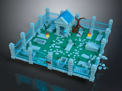 Cartoon Graveyard Scene with White Fence Blue Roof Tombstones Flaming Torches Green Ground Broken Pieces 3d model