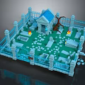 Cartoon Graveyard Scene with White Fence Blue Roof Tombstones Flaming Torches Green Ground Broken Pieces
