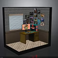 Cozy Small Room Interior With Brick Wall Window Blinds Posters Wooden Desk And Computer Monitor