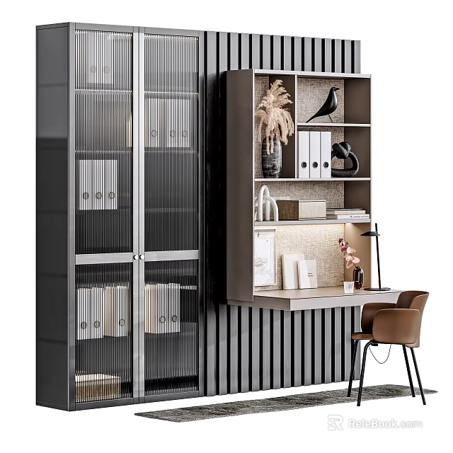 Modern Home Office Desk With Glass Door Cabinet Bookshelf Decor And Brown Chair 3d model 